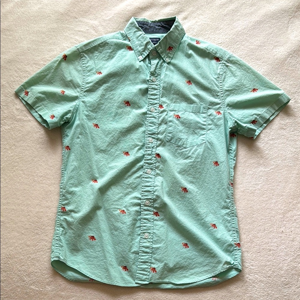 J. Crew Turquoise Button Down Short Sleeve Shirt with Hermit Crab Pattern